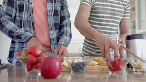 happy diverse gay male couple preparing healthy fruit smoothie in kitchen, slow motion