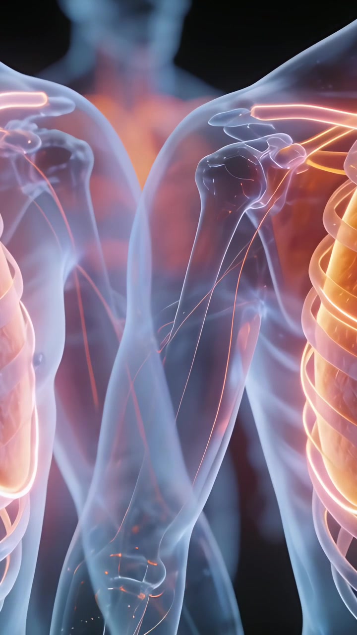 Video verticale: Animazione che inizia, due torsi trasparenti con polmoni pulsanti per uno studio di anatomia in una scansione scura