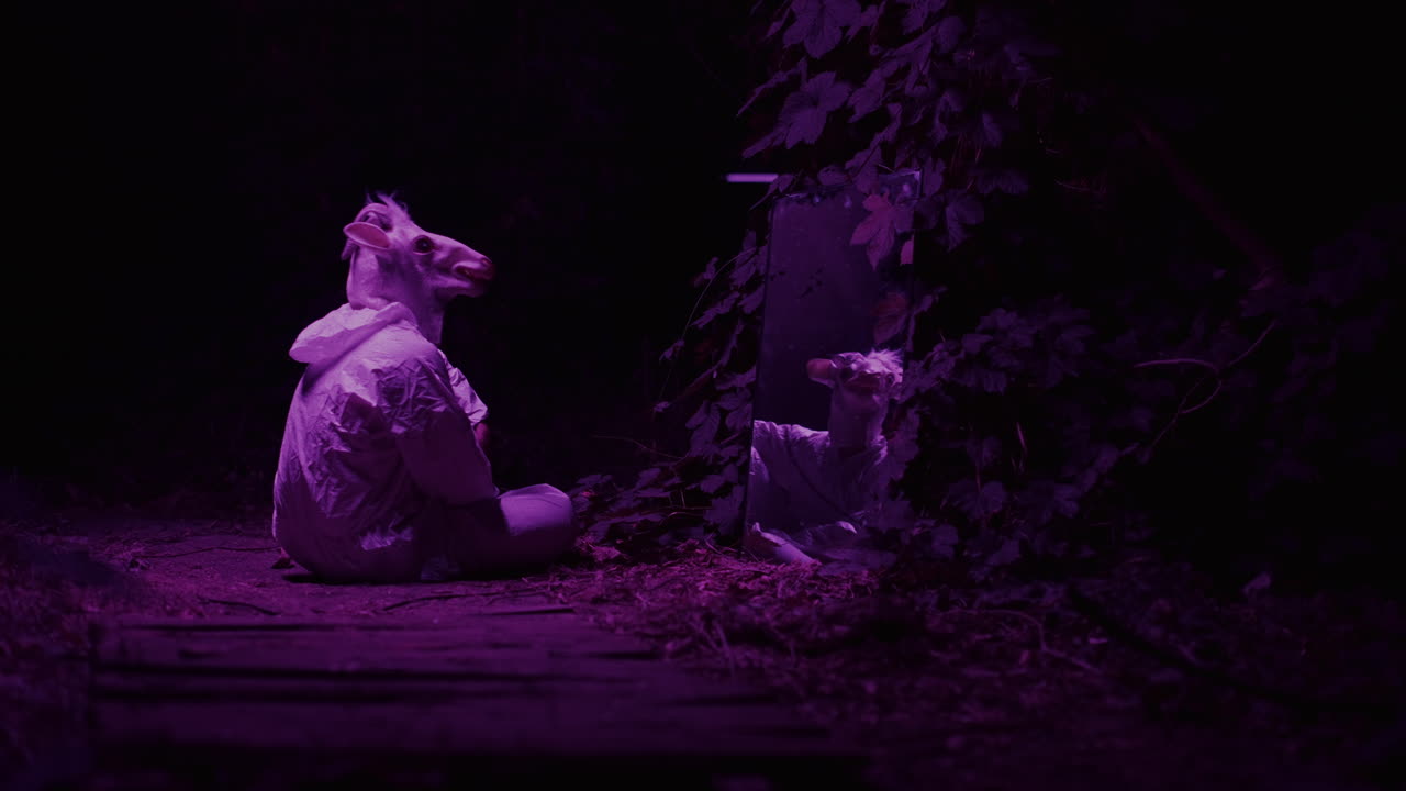 Mysterious Figure in Sheep Mask Reflecting in a Mirror in the Woods at Night