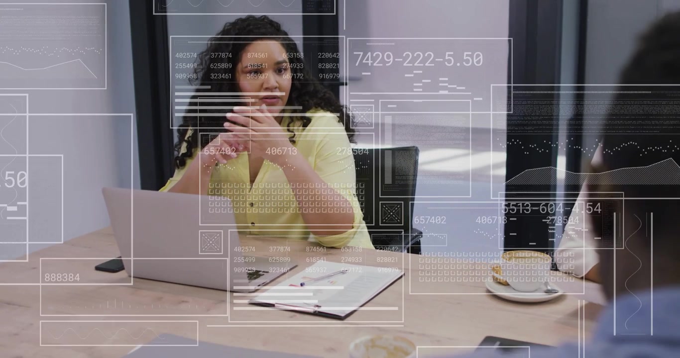 Main speaker opening business meeting showing laptop, reviewing metrics, HUD drifting over team