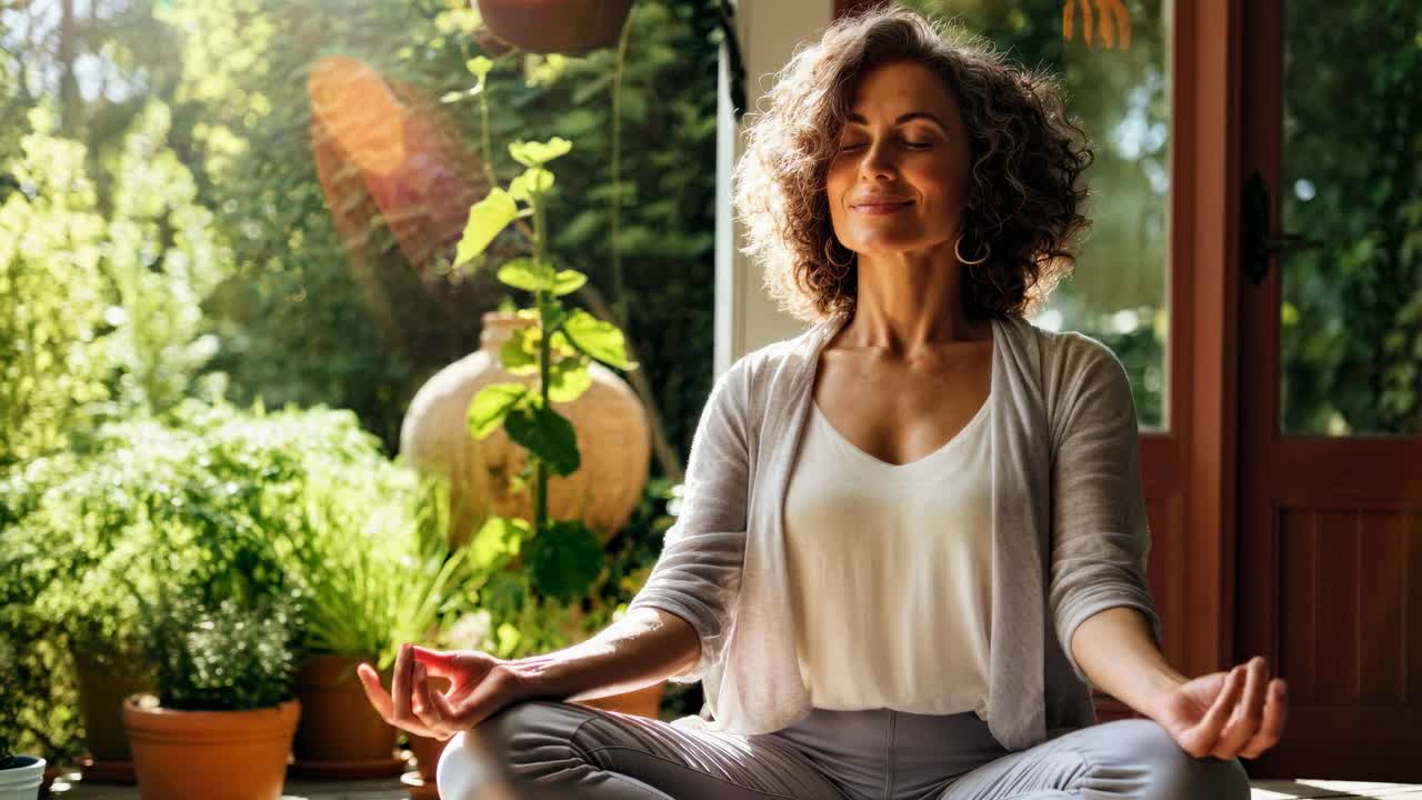 A serene video scene of a woman meditating outdoors, captured from a slightly low angle