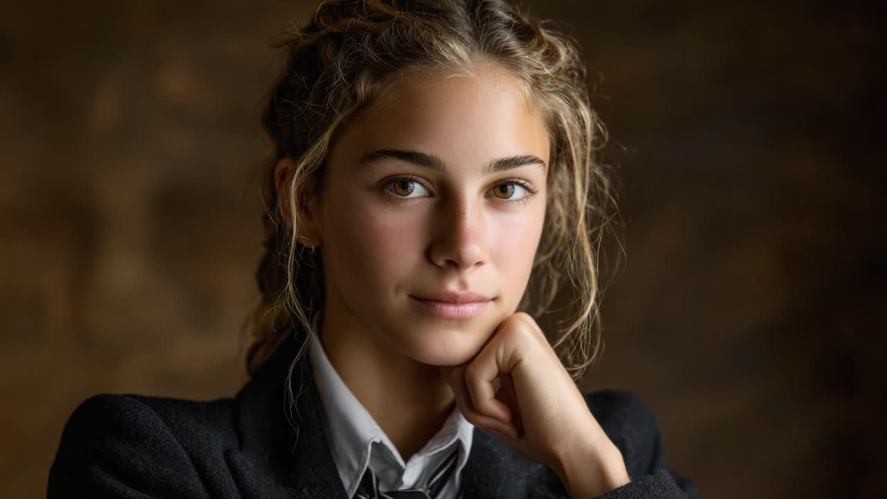 A contemplative young girl with braided hair, wearing a suit jacket, gazes thoughtfully with a subtle smile against a warm, blurred background, embodying poise and reflection