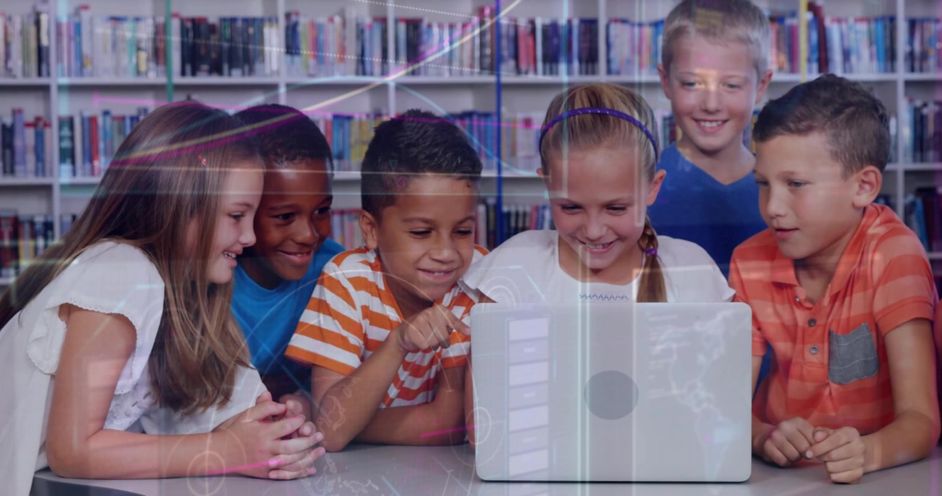 Students leaning in as boy pointing at laptop, collaborating in library with light overlay