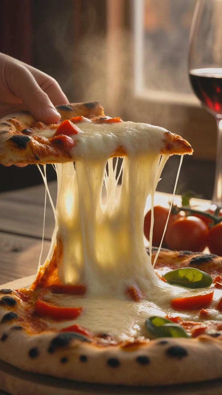 Mano che solleva una fetta di pizza calda e fresca con formaggio fuso