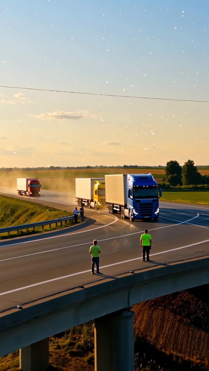 Semi-Trucks Driving on a Highway at Sunset with People Watching