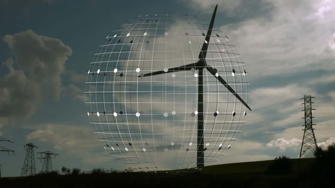 анимация вращающегося глобуса над ветряной мельницей на фоне голубого неба