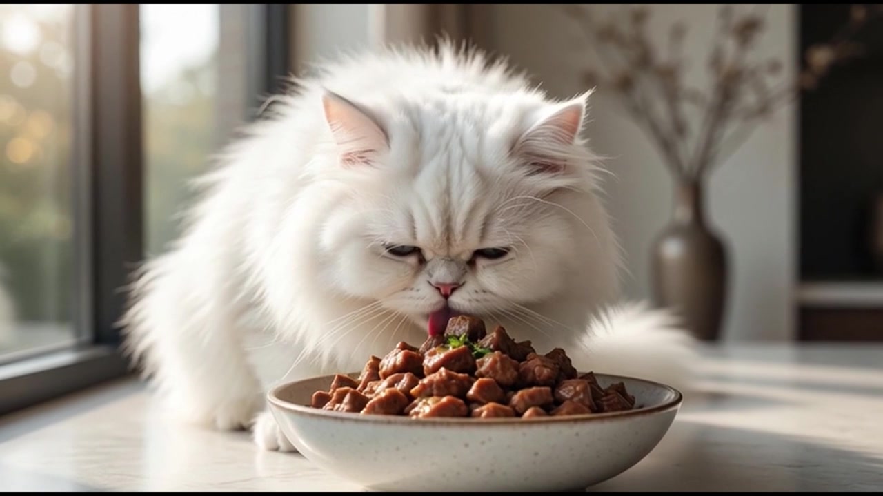 Flauschige weiße Katze frisst Nassfutter aus einem Napf