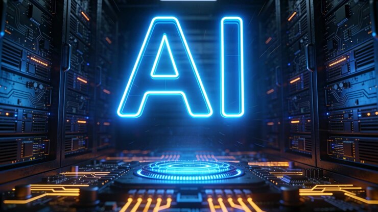 Grande insegna neon AI pulsante che riceve un segnale di avvio e alimenta una piattaforma olografica in una sala server