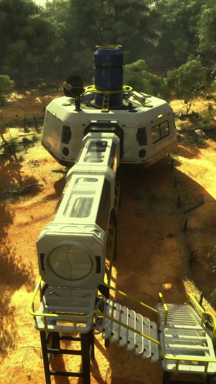 Futuristic habitat in lush forest under bright sunlight during daytime