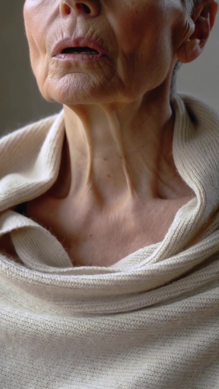 Video verticale: Donna anziana che respira, con le labbra socchiuse e la gola che si flette, in una stanza, con un maglione color crema.