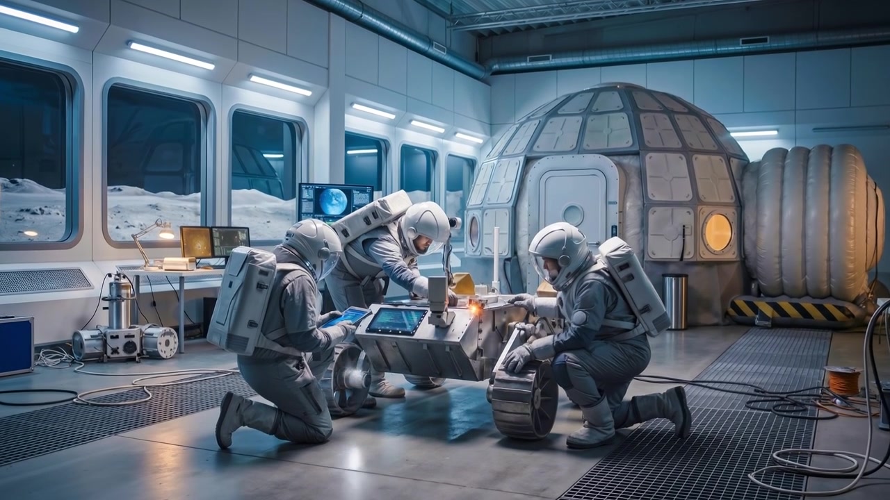 Astronauti che lavorano su attrezzature fuori da una base a cupola su una superficie lunare o planetaria