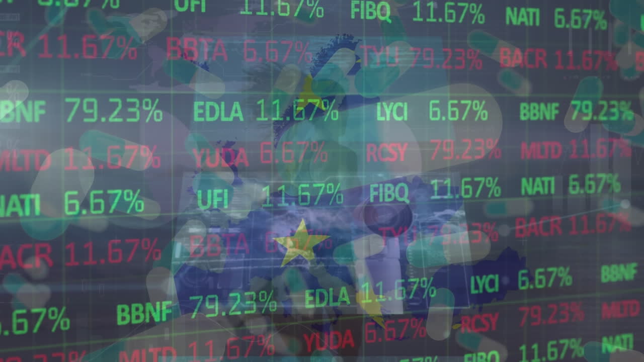 유럽의 배경과 지도에서 움직이는 화면에서 다양한 데이터에 대한 금융 데이터의 애니메이션