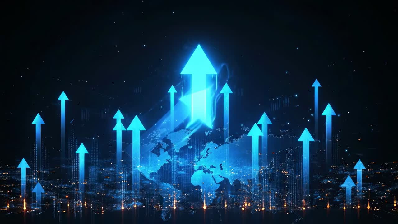 Digital Earth with Upward Arrows Representing Global Growth