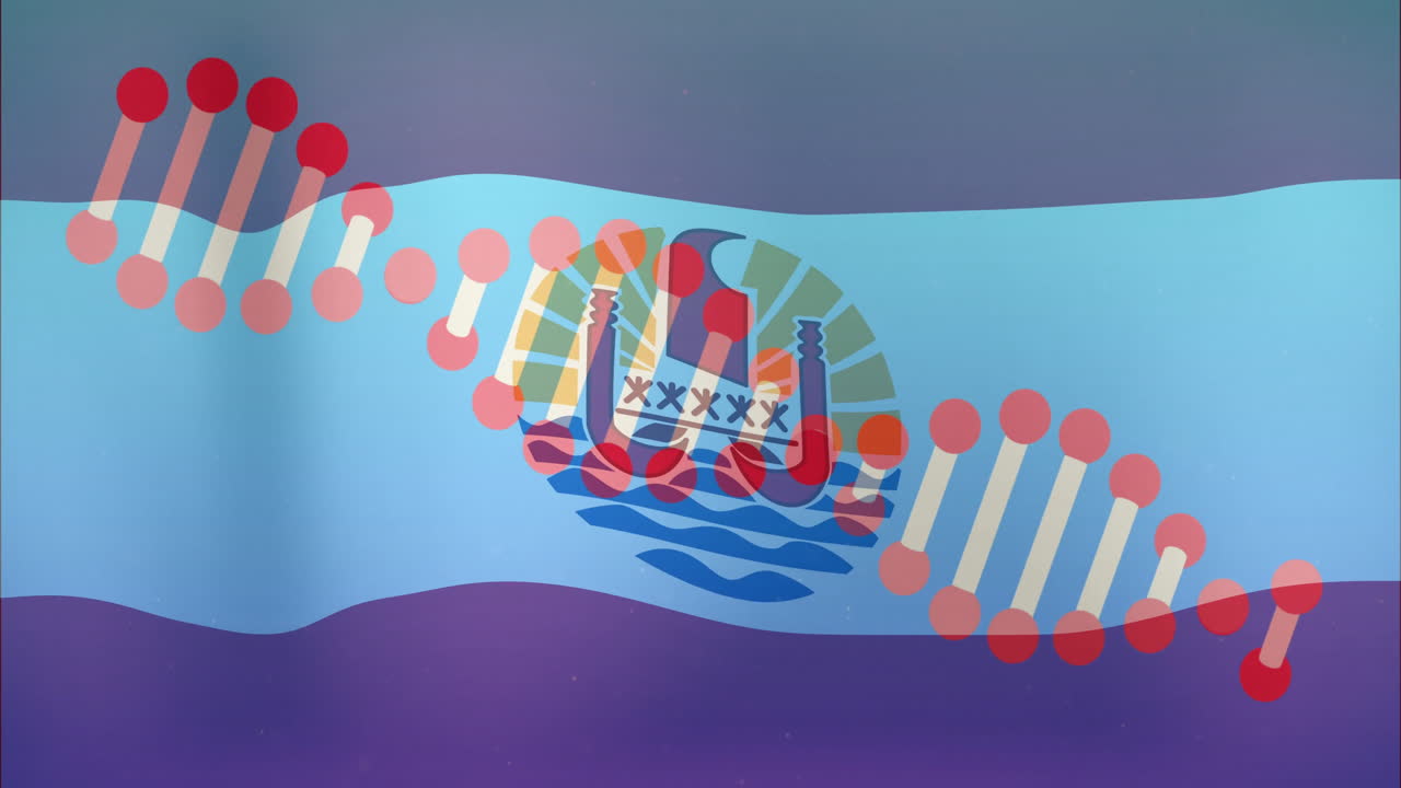 Animation of DNA strand and Viking ship on abstract blue and purple background