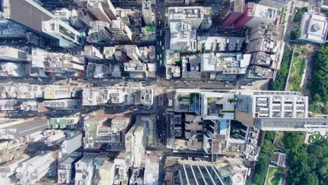 Central-Hong-Kong,-top-down-aerial-view-of-traffic-and-city-skyscrapers