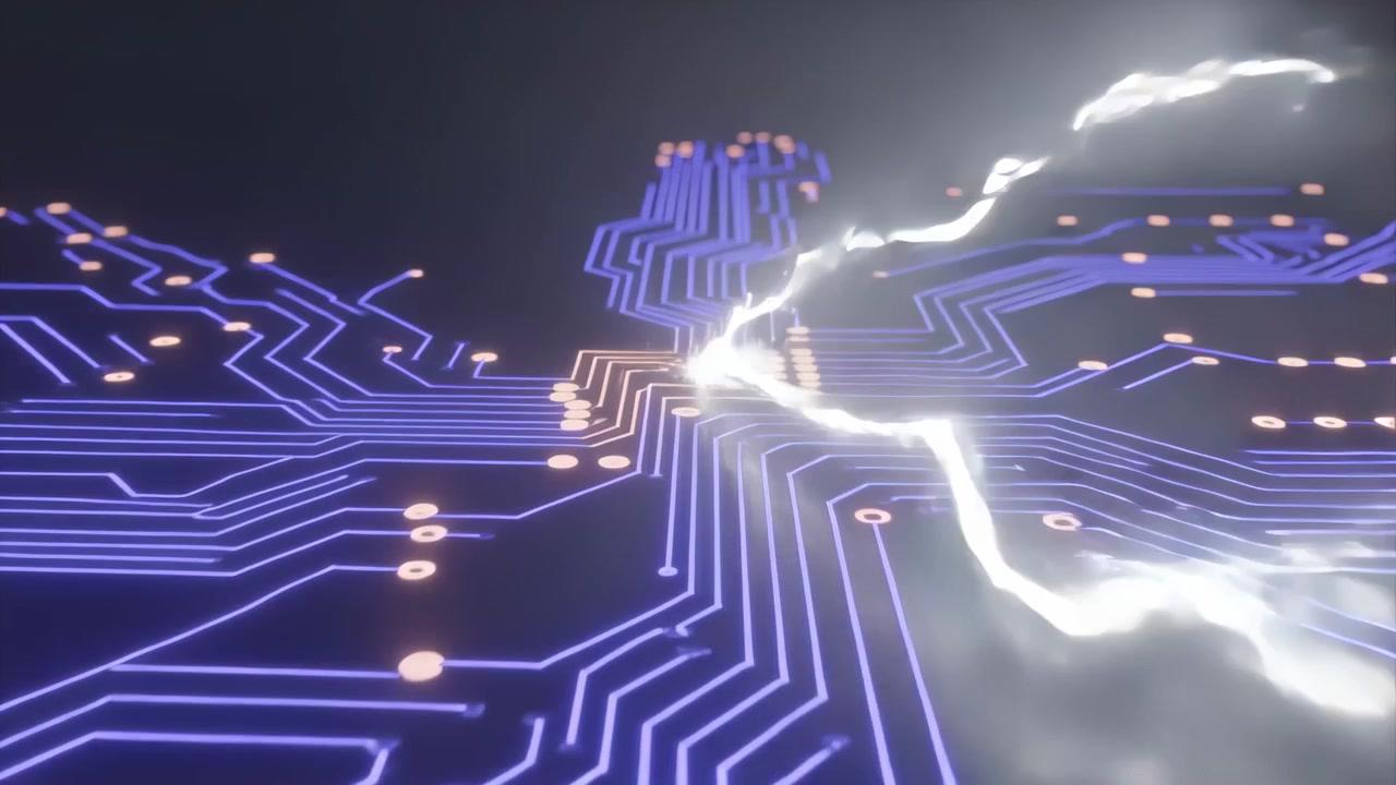 Pulsing circuit plane sending white arc after hub flashing, lighting blue traces and orange pads