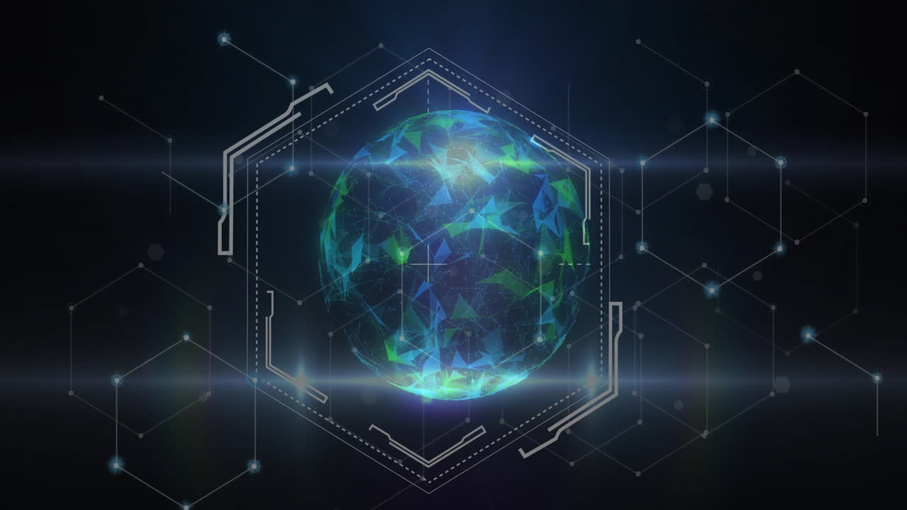 검은색 배경에 연결 네트워크와 함께 지구상의 모양과 빛의 점의 애니메이션