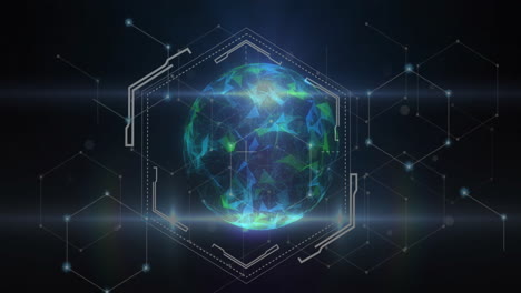 animation of shapes and light spots over globe with network of connections on black background