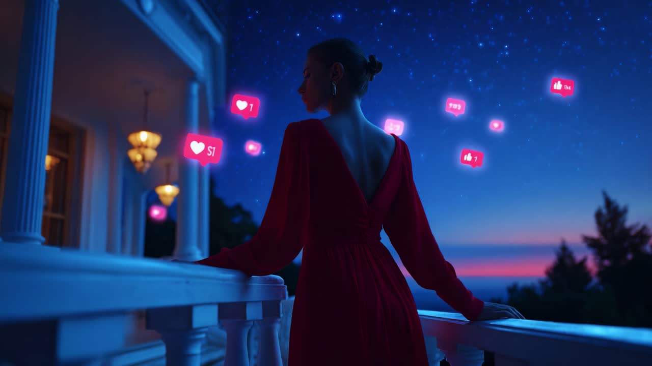 A woman in a striking red dress stands on a balcony under a starry sky, engaging with glowing social media notifications, capturing the essence of modern connection and digital interaction in an enchanting setting