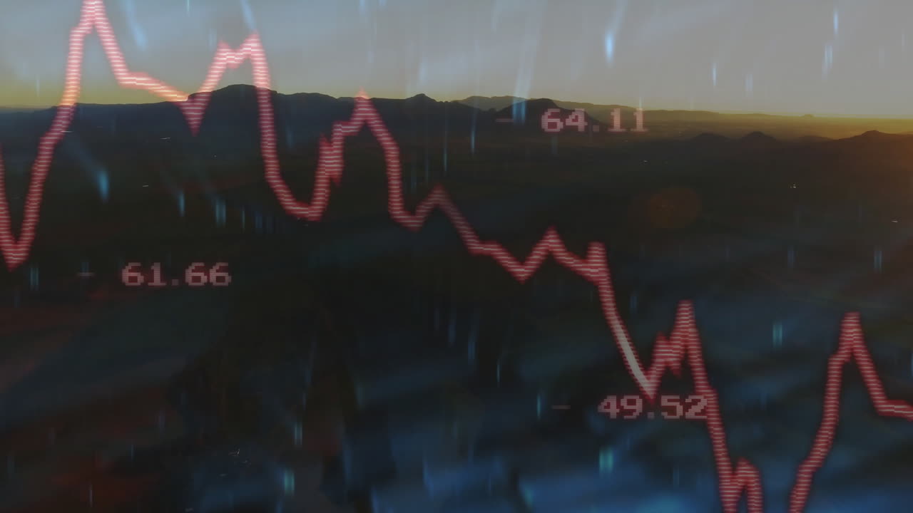 Animation of red financial graph declining over mountain landscape during sunset