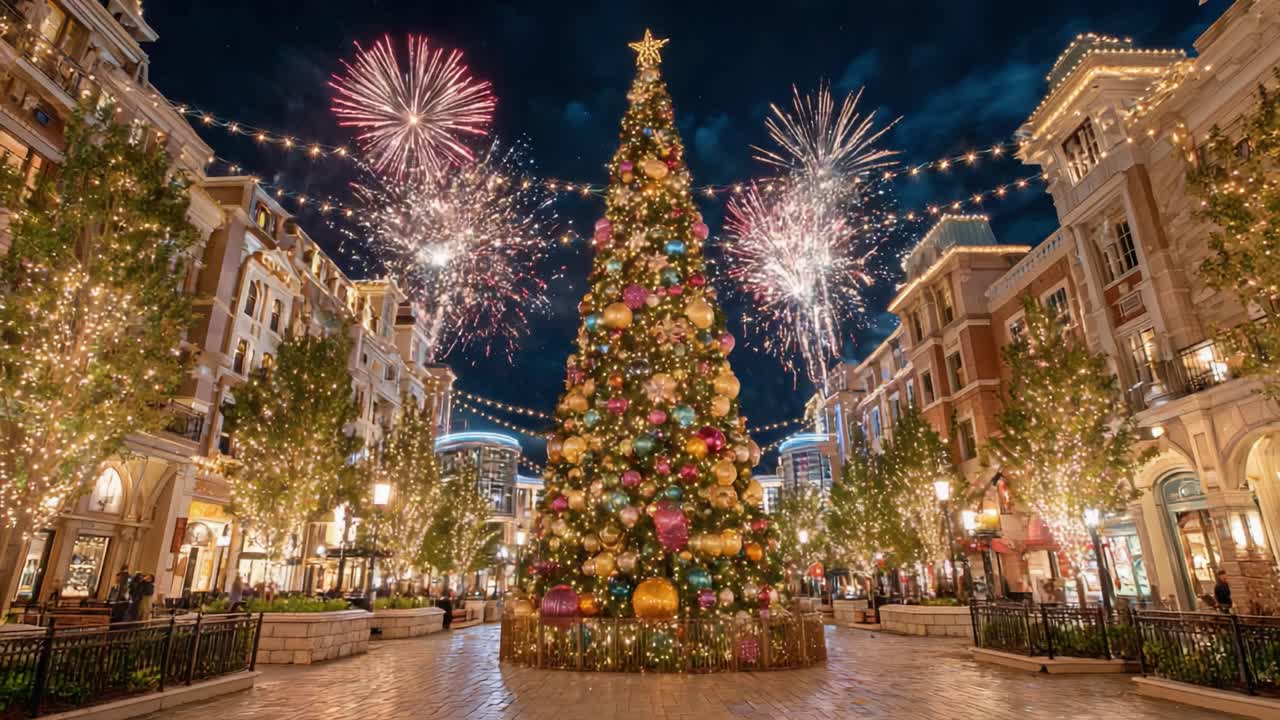 A Stunning Nighttime Scene of a Grand Christmas Tree Surrounded by Festive Lights and Fireworks, Creating a Magical Holiday Atmosphere in a Charming Town Square