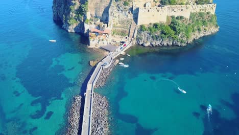 Drone-footage-of-castle-aragonese-in-ischia,-italy