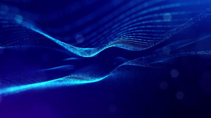 Sfondo 3D in loop, concetto di flusso di dati, spazio digitale sci-fi. Campo blu ad alta tecnologia con particelle luminose che formano linee e onde superficiali. Flusso di informazioni hi-tech, blockchain, visualizzazione di big data. DOF
