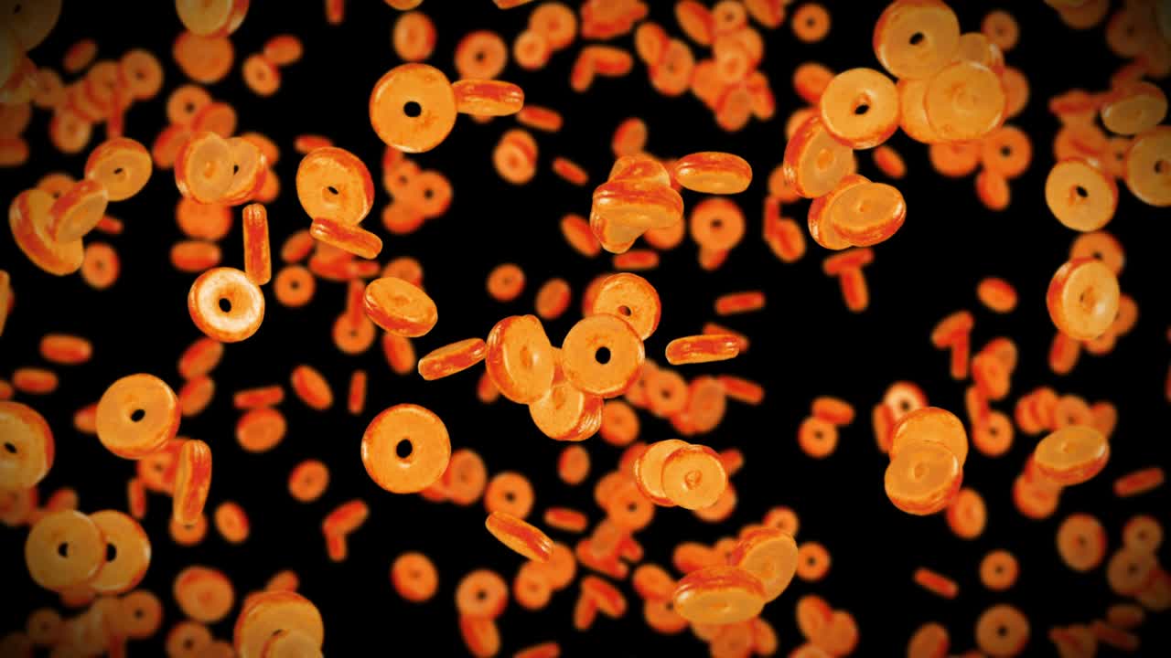 volando muchas rosquillas planas en fondo negro. pastel de rosquillas, dulces, postre. animación en 3d de la rotación de las rosquillas. animación de bucle.