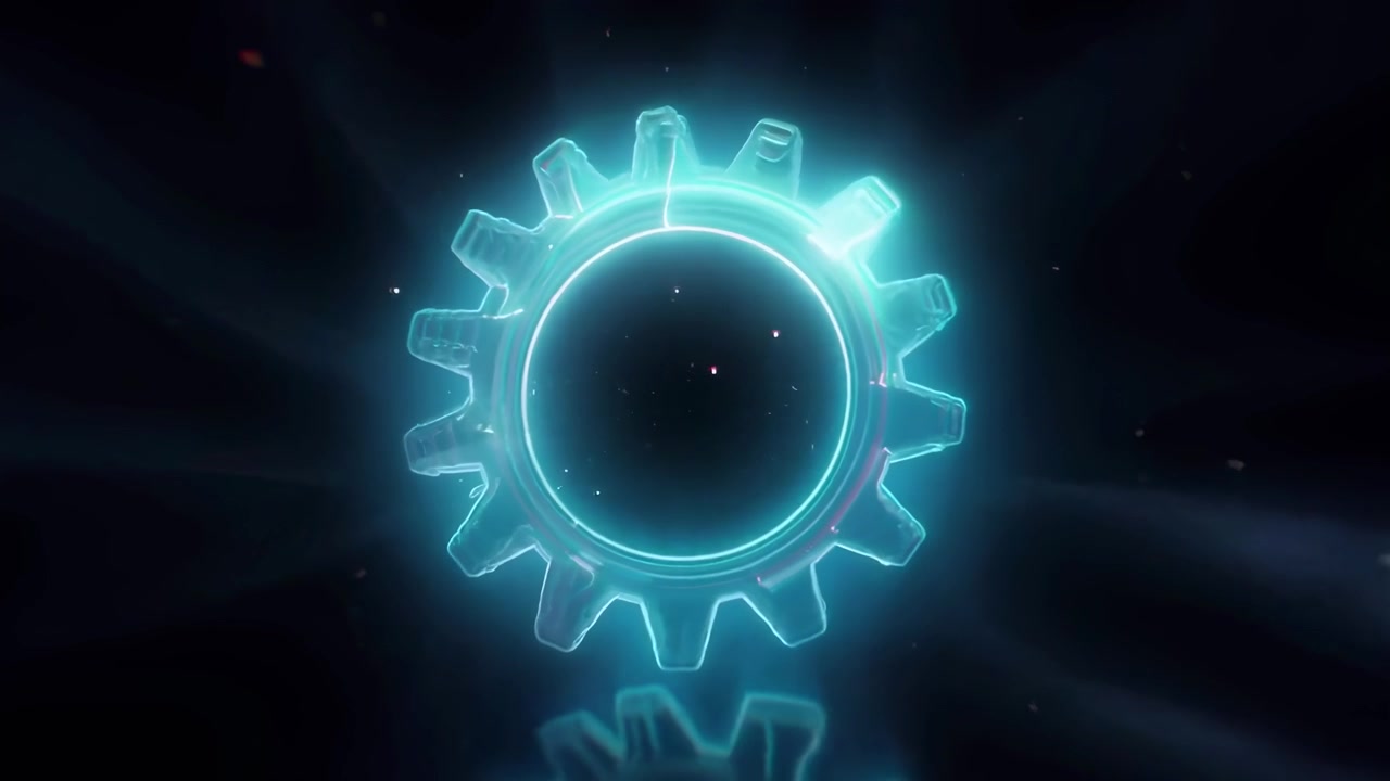 Ingranaggio al neon luminoso che ruota nello spazio buio