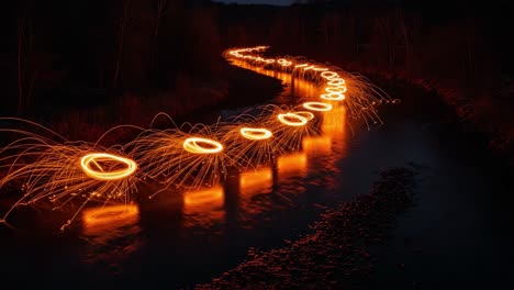 a mesmerizing display of fire and light: captivating long exposure shot of illuminated circles dancing across a serene river at night