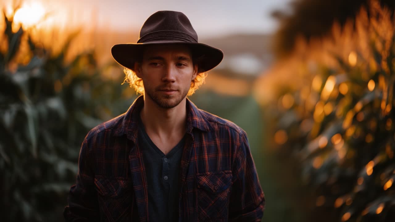 Un giovane uomo pensieroso, con una camicia a quadri e un cappello elegante, si trova in un campo di mais dorato al tramonto, catturando la serena bellezza della natura e della vita rurale.