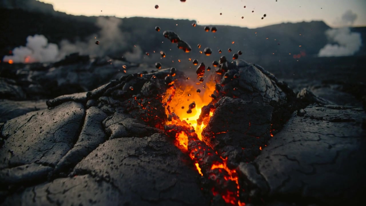 Ejecting molten fissure releasing glowing spatter as gas rises over dark basalt crust at dusk