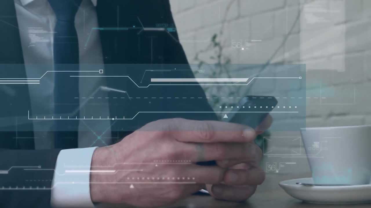 Animation of interface and data processing over businessman with coffee using smartphone