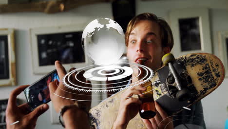 Marketer holding skateboard and beer bottle filming on smartphone showing AR globe data rings