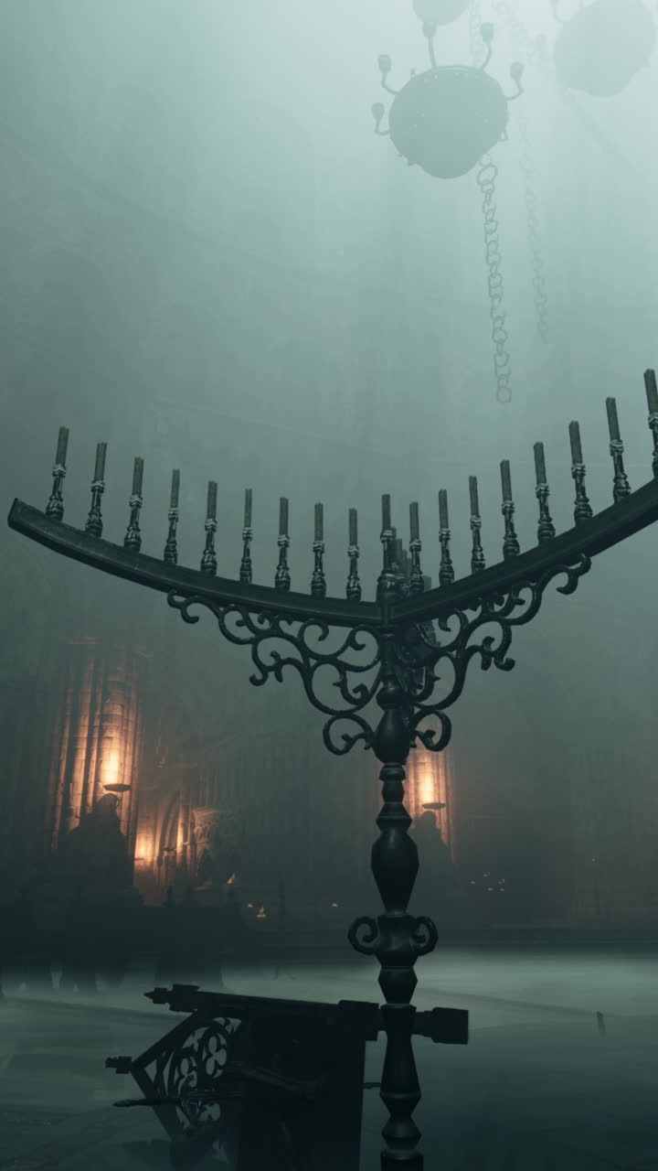 A haunting and atmospheric image of a church interior with candles, chandeliers, and fog