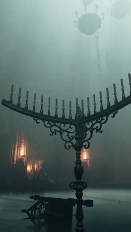 a haunting and atmospheric image of a church interior with candles, chandeliers, and fog