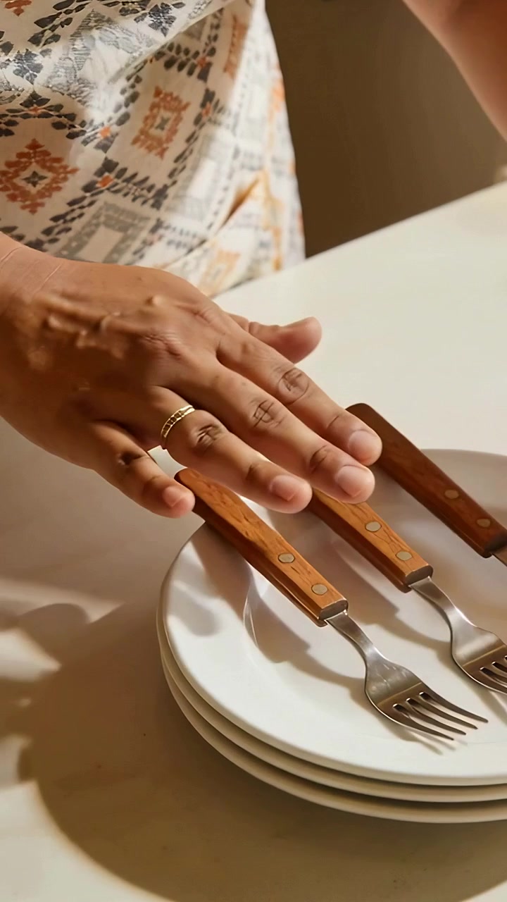 Vertical video: Placing stack of plates, woman in patterned top aligning forks at table for meal