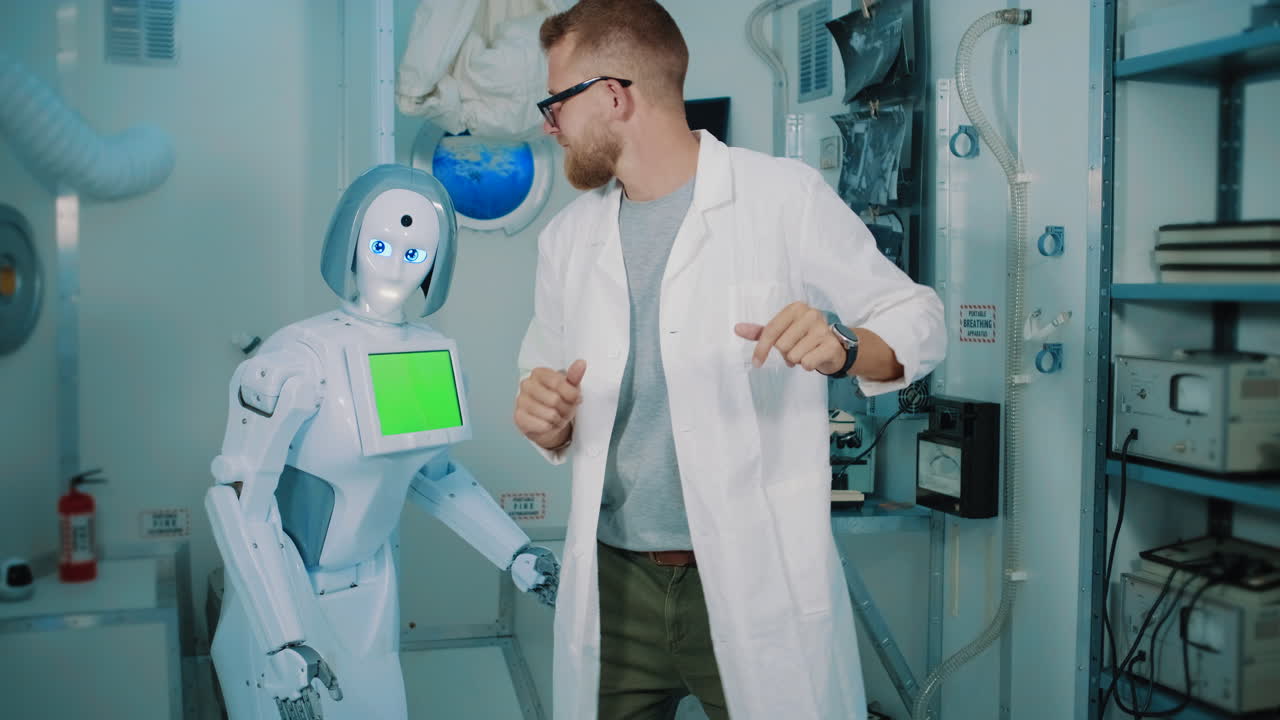 experimento de robot y científico en el laboratorio espacial