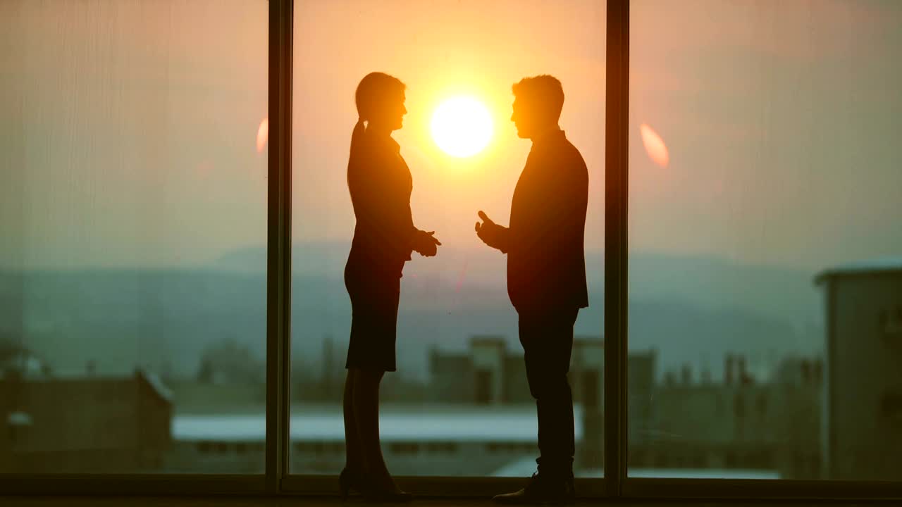 The business couple talking near the office window on the bright sun background