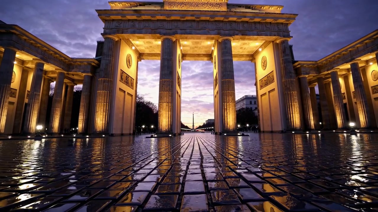 Brandenburger Tor oplyst i skumringen med refleksioner på våd jord