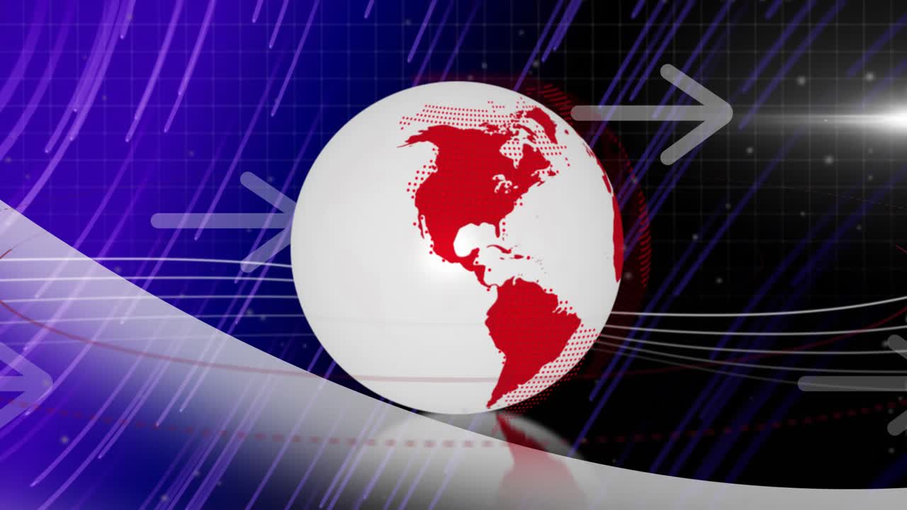 Al inicio, un globo blanco con continentes rojos gira en sentido horario sobre una cuadrícula morada con flechas deslizantes mostrando datos.