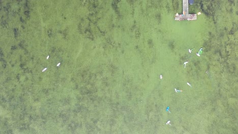 Flight-over-sea-bay-with-surfers-in-Chalupy,-Poland-beach