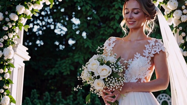 Beautiful Bride Holding Flower Bouquet Under Floral Wedding Arch
