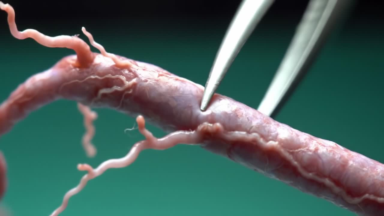 Close-Up Examination of a Microvascular Structure Under Surgical Instruments, Highlighting Intricate Detail and Surrounding Features in a Controlled Environment