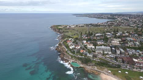 cinematic aerial view over sydney coastline seascape at coogee beach