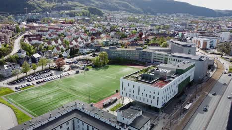 aarstad school and soccer field at danmarksplass - bergen norway aerial