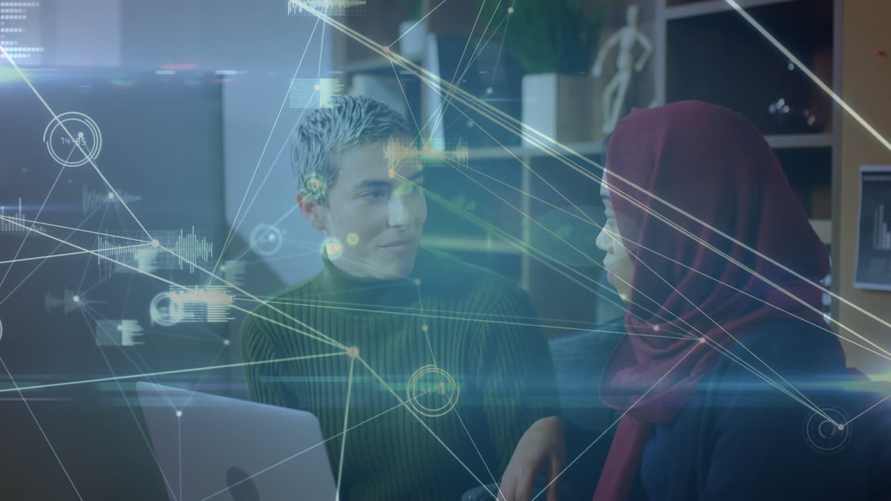 Animation of connections over diverse women working together in office