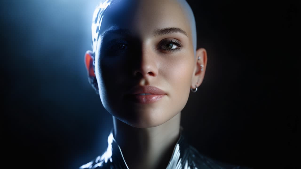 Un primo piano accattivante di una figura umanoide futuristica, con una testa calva liscia, abbigliamento elegante e un'espressione seducente su uno sfondo con illuminazione drammatica