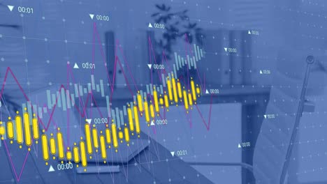 Animación-Del-Procesamiento-De-Datos-Estadísticos-Contra-Teléfonos-Inteligentes,-Computadoras-Portátiles-Y-Tazas-De-Café-En-El-Escritorio-De-La-Oficina