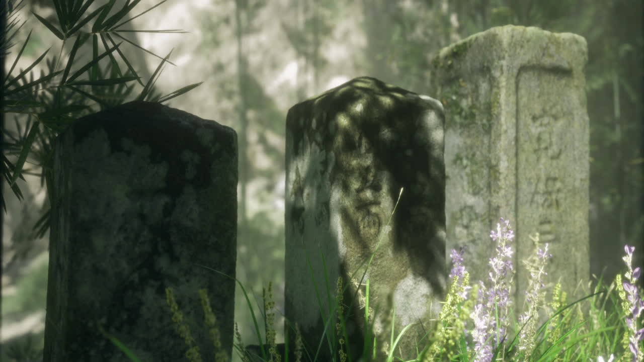 Ancient stone markers surrounded by lush vegetation in a misty forest